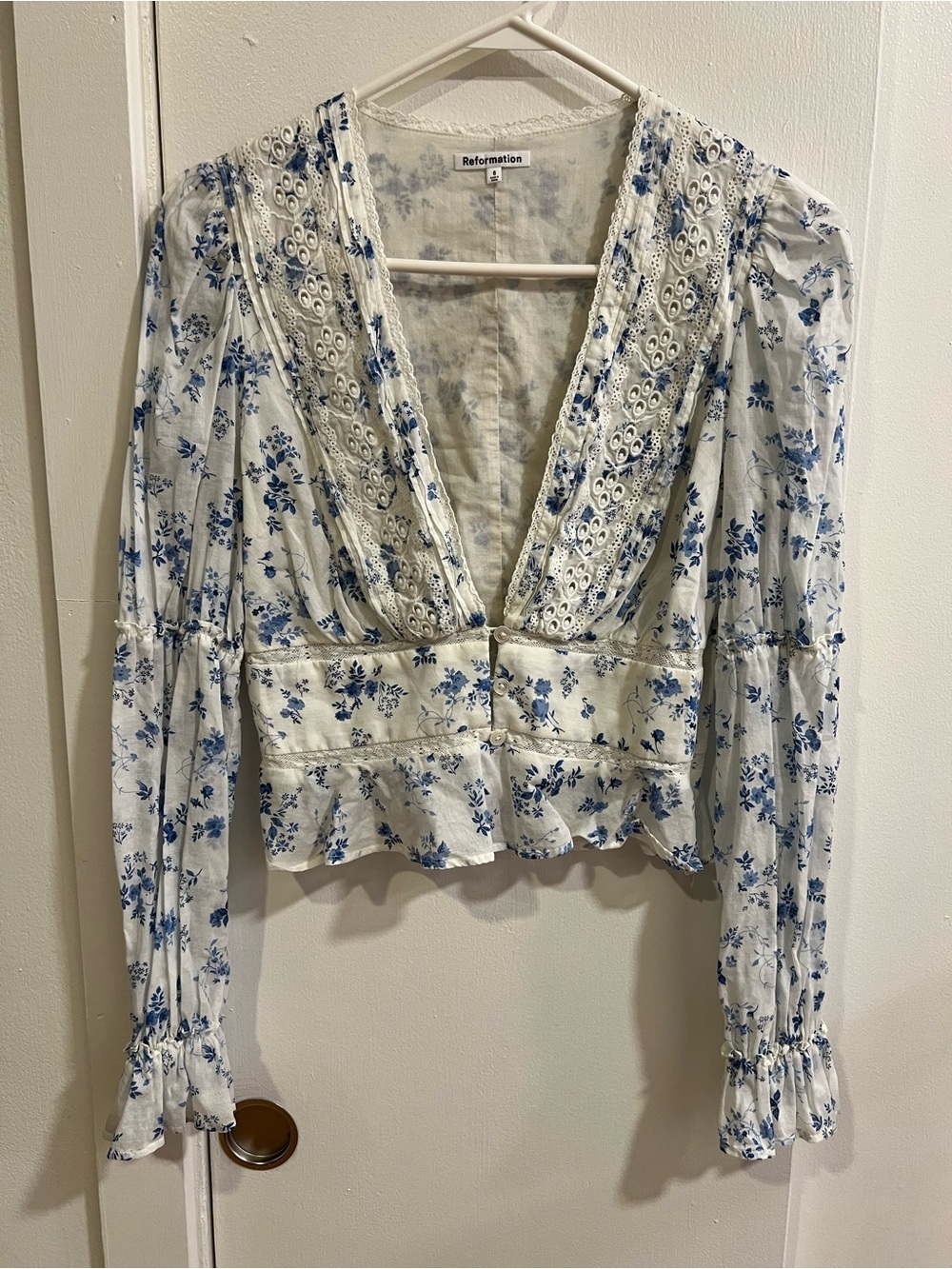 Reformation White and Blue Floral Eyelet V-Neck Blouse